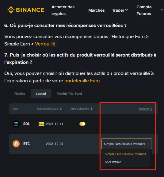 Question 7 de la FAQ Binance accompagnée de la capture officielle du portefeuille Earn, onglet Locked : la colonne « Redeem to » d’une ligne BTC ouvre un menu proposant « Simple Earn Flexible Products » ou « Spot Wallet »