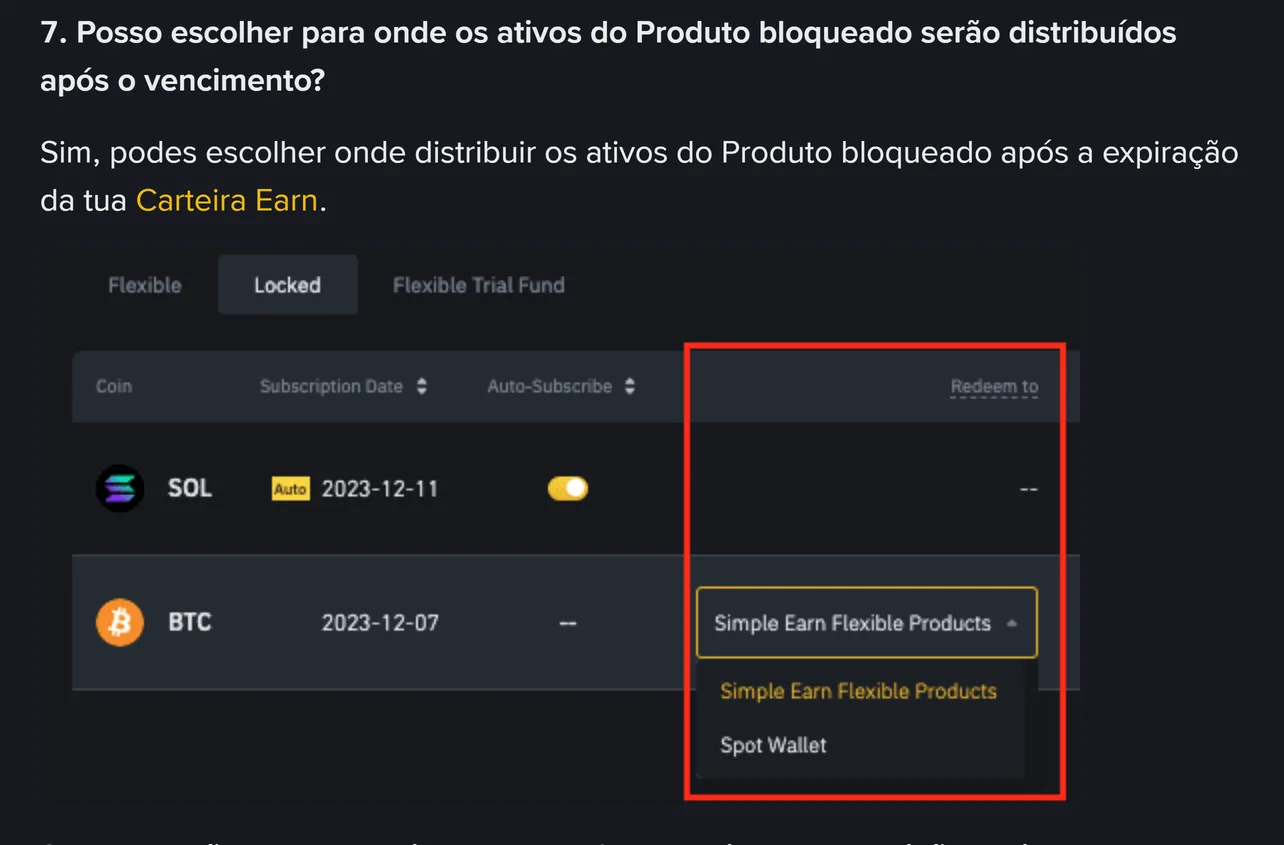 Imagem oficial da Binance: separador Locked da Carteira Earn com a coluna «Redeem to» aberta e as duas opções visíveis, Simple Earn Flexible Products e Spot Wallet
