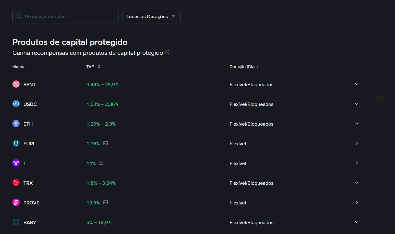 Lista pública do Binance Simple Earn em português capturada em 9 de Agosto de 2026, com TAE única ou apresentada como intervalo