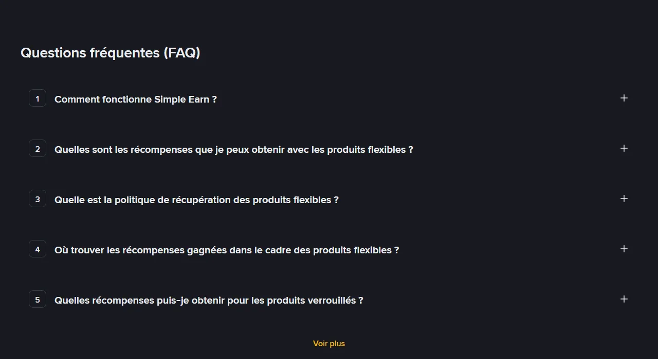 FAQ de la page publique française de Binance Simple Earn capturée le 25 août 2026, avec des questions sur les produits flexibles, les récompenses et leur emplacement