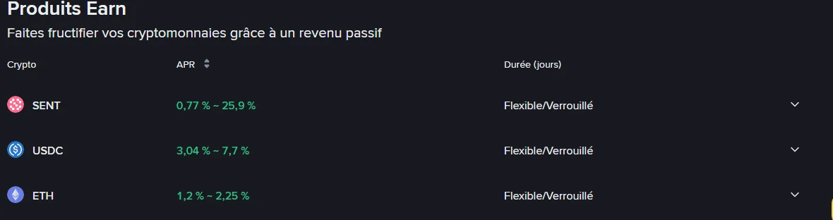 Liste « Produits Earn » de la page française Simple Earn le 20 septembre 2026 : SENT 0,77 %–25,9 %, USDC 3,04 %–7,7 %, ETH 1,2 %–2,25 %, avec la colonne Durée indiquant Flexible/Verrouillé