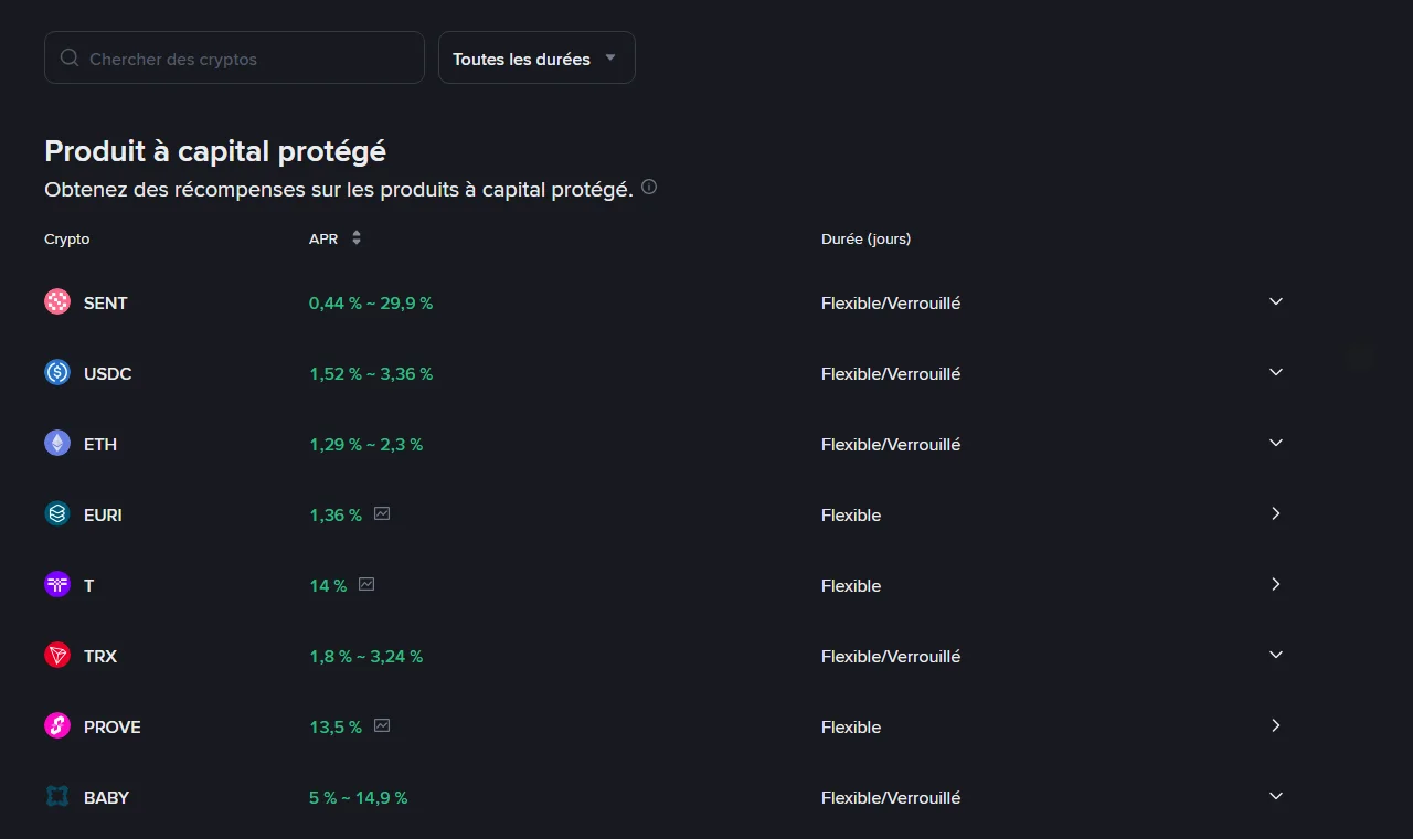 Liste publique Binance Simple Earn en français capturée le 9 août 2026, montrant des APR uniques ou sous forme de plage