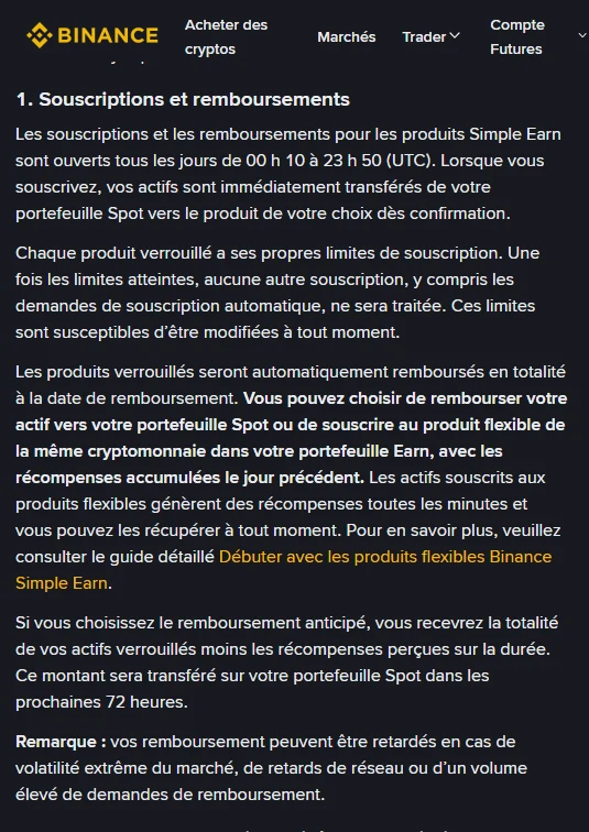 Section « 1. Souscriptions et remboursements » de la page d’aide Binance en français, qui indique les horaires 00 h 10 à 23 h 50 UTC, les limites de souscription propres à chaque produit verrouillé et le remboursement automatique en totalité à la date de remboursement, vers le portefeuille Spot ou le produit flexible de la même cryptomonnaie