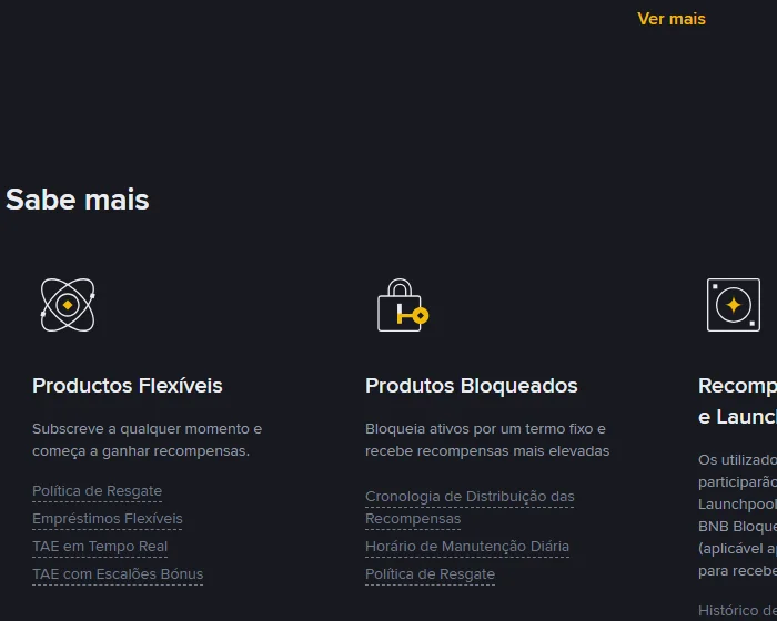 Área pública do Binance Simple Earn em português com Produtos Flexíveis, Produtos Bloqueados e os respectivos links da Política de Resgate