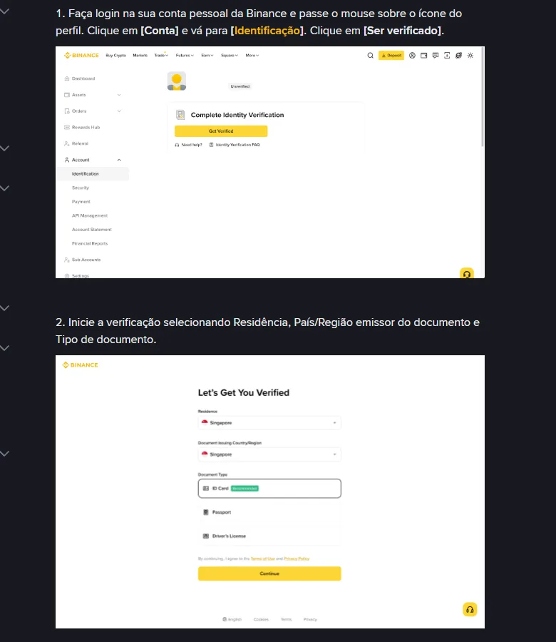 Tutorial oficial Binance em português a mostrar a entrada Identificação e a escolha de residência e tipo de documento