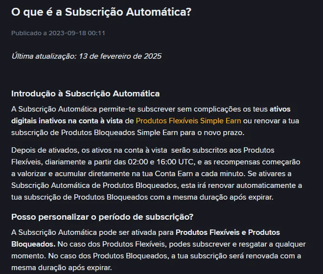 Página oficial da Binance em português «O que é a Subscrição Automática?», com última atualização a 13 de fevereiro de 2025, o horário diário a partir das 02:00 e 16:00 UTC e a renovação dos Produtos Bloqueados com a mesma duração