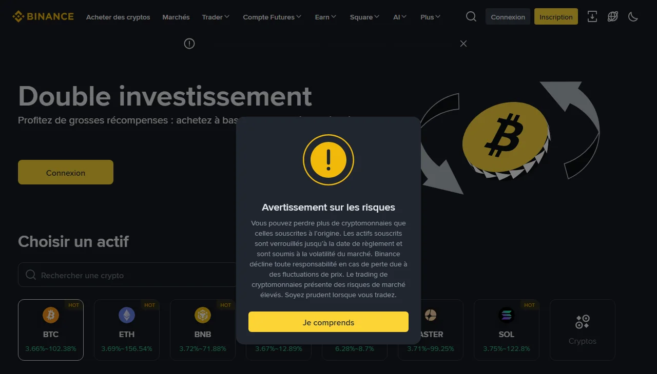 Page française Double investissement de Binance ouverte le 20 septembre 2026 : fenêtre « Avertissement sur les risques » et fourchettes d'APR affichées pour BTC, ETH, BNB et SOL