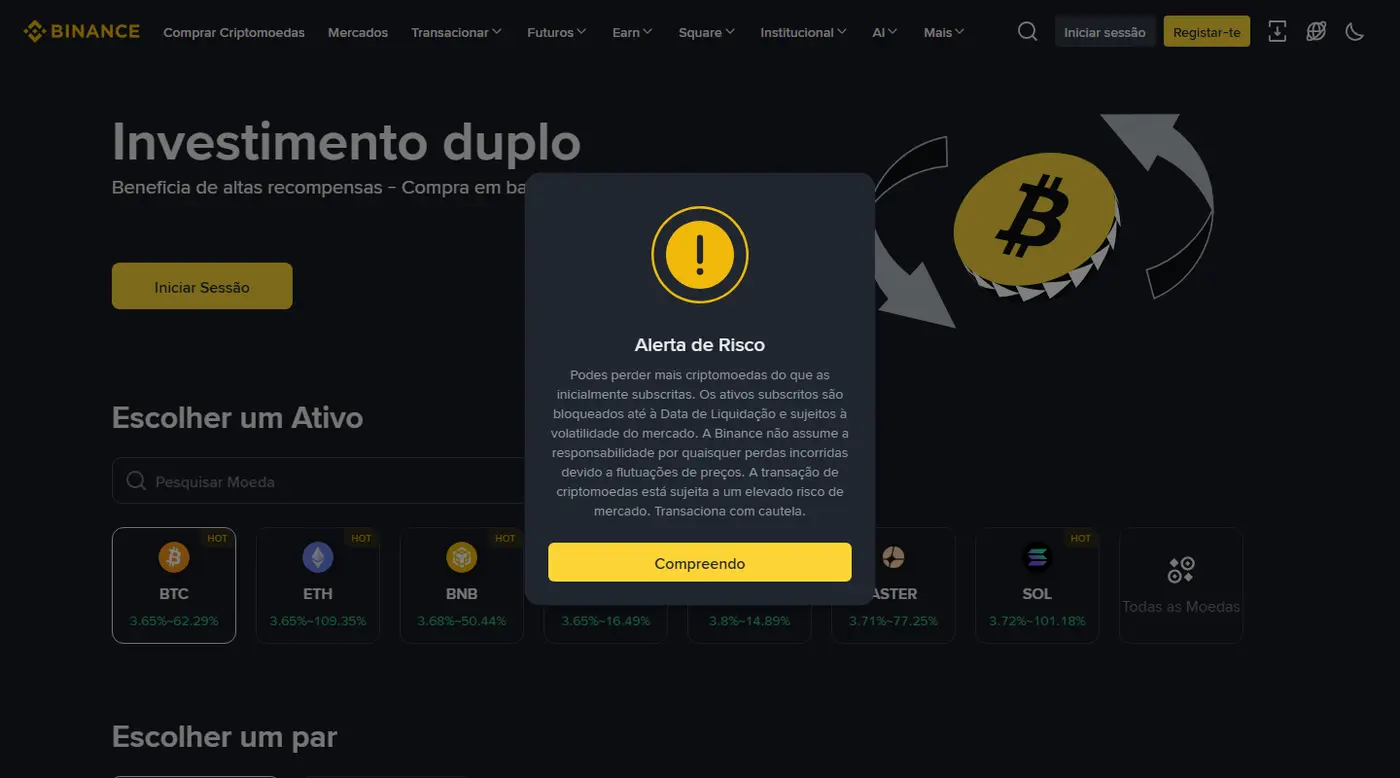 Página portuguesa do Investimento Duplo da Binance aberta a 25 de setembro de 2026, com a janela Alerta de Risco por cima da lista de ativos e as TAE de BTC, ETH, BNB e SOL visíveis por trás