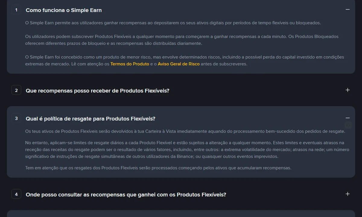 Resposta oficial da Binance em português sobre a política de resgate dos Produtos Flexíveis, incluindo limites diários e possíveis atrasos na receção do valor