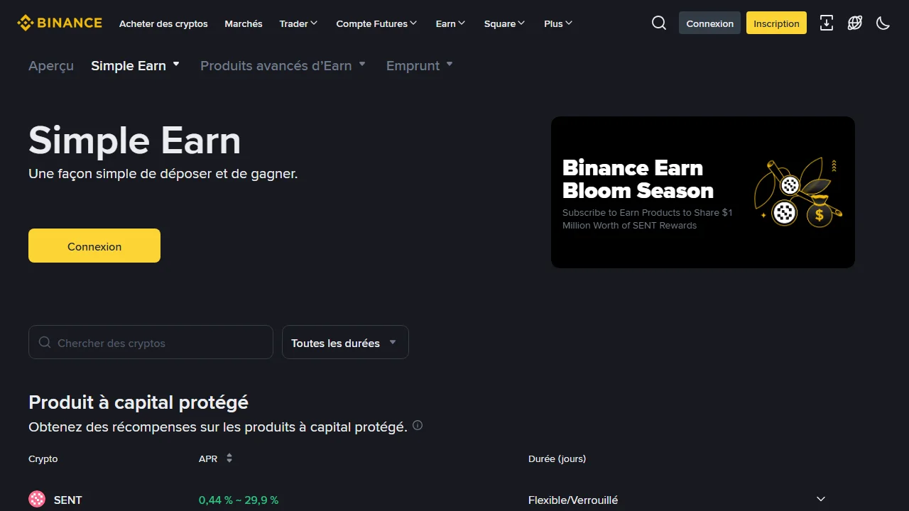 Page officielle Binance Simple Earn