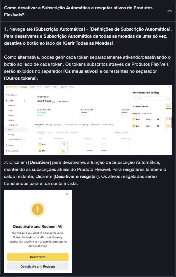 FAQ oficial da Binance com os passos para desactivar a Subscrição Automática de Produtos Flexíveis: painel Auto-Subscribe Setting com Manage All Coins e botões por token BNB e BTC, seguido da janela com as opções Deactivate e Deactivate and Redeem