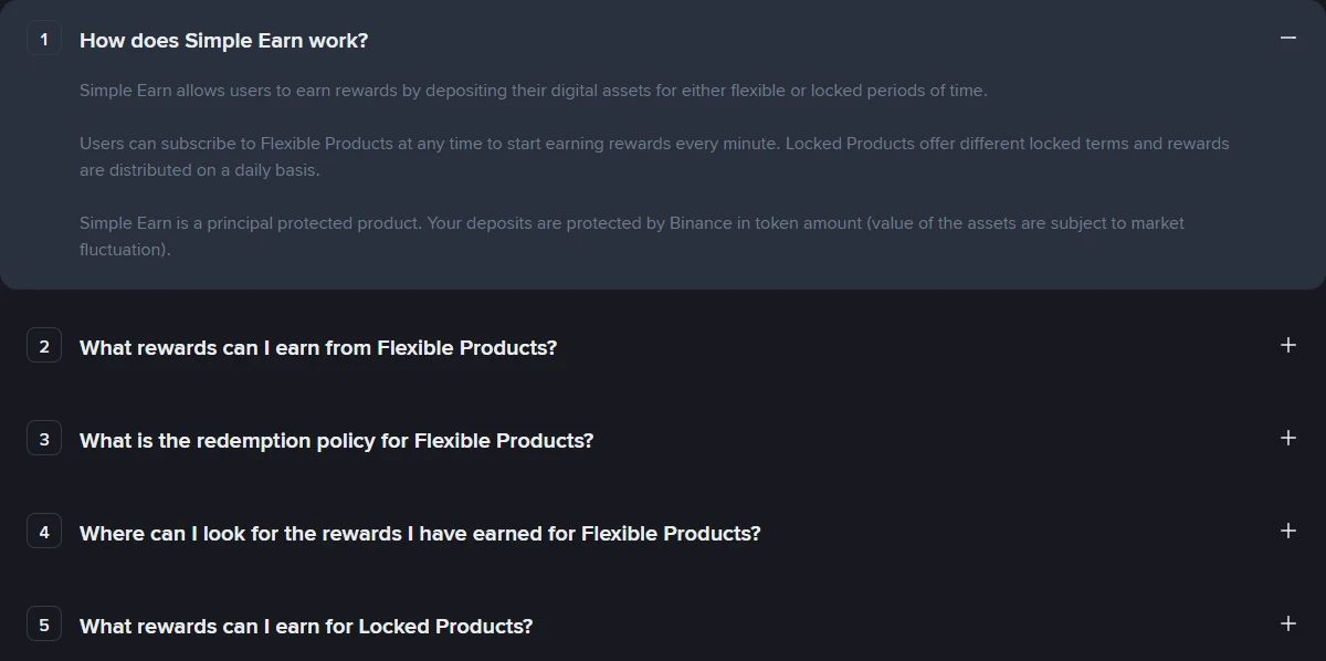 FAQ publique de Binance Simple Earn indiquant en anglais que le dépôt est protégé en quantité de jetons tandis que sa valeur reste soumise aux fluctuations de marché