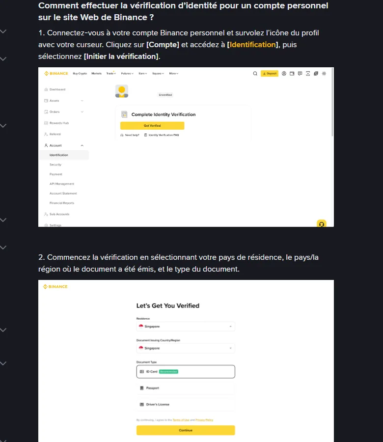 Tutoriel officiel Binance en français montrant l’entrée Identification puis le choix de la résidence et du type de document