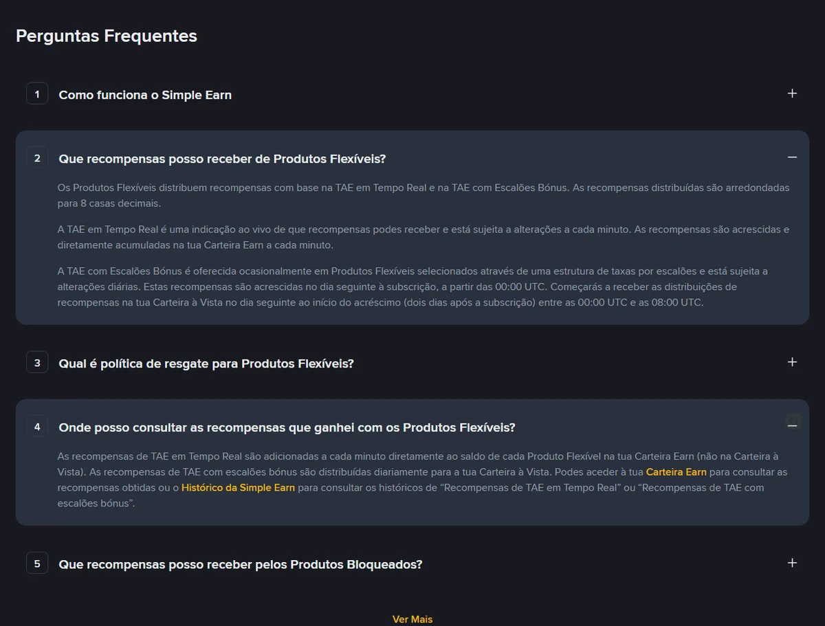 Perguntas frequentes da página portuguesa do Binance Simple Earn, com as respostas oficiais sobre que recompensas os Produtos Flexíveis distribuem e onde consultar essas recompensas