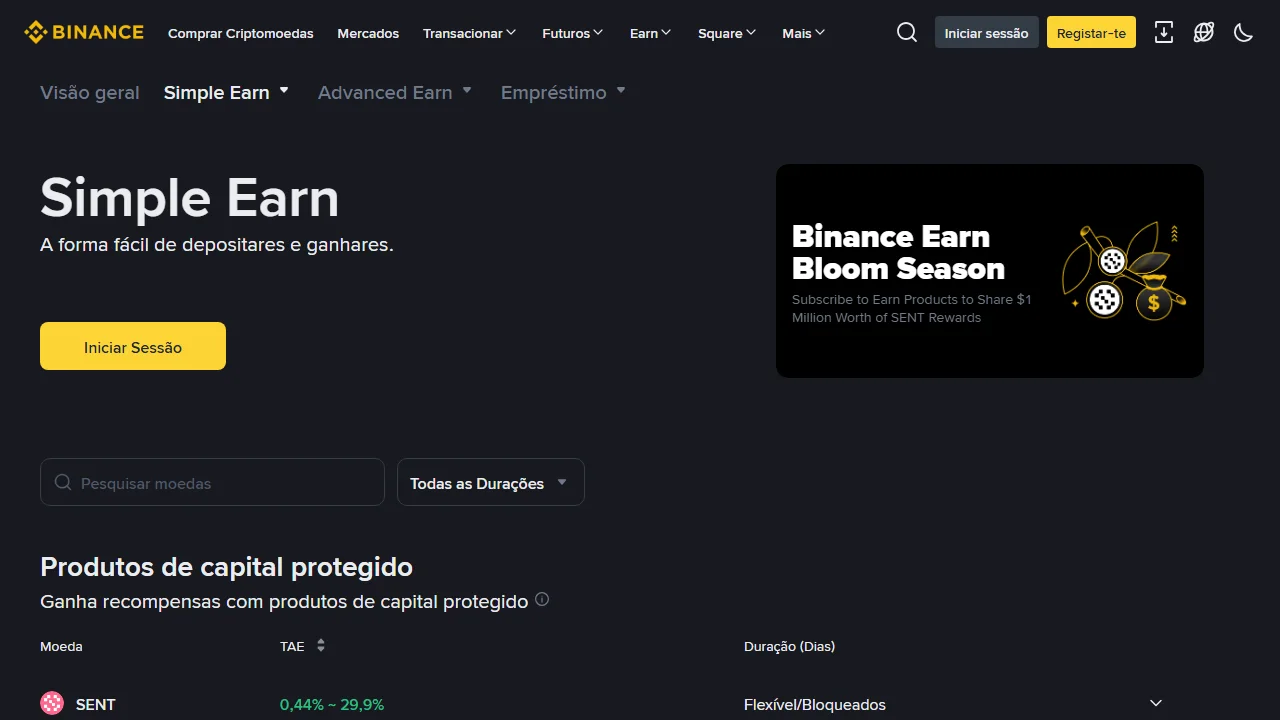 Página oficial do Binance Simple Earn