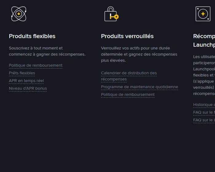 Section publique de Binance Simple Earn en français montrant les produits flexibles, les produits verrouillés et les liens vers les politiques de remboursement